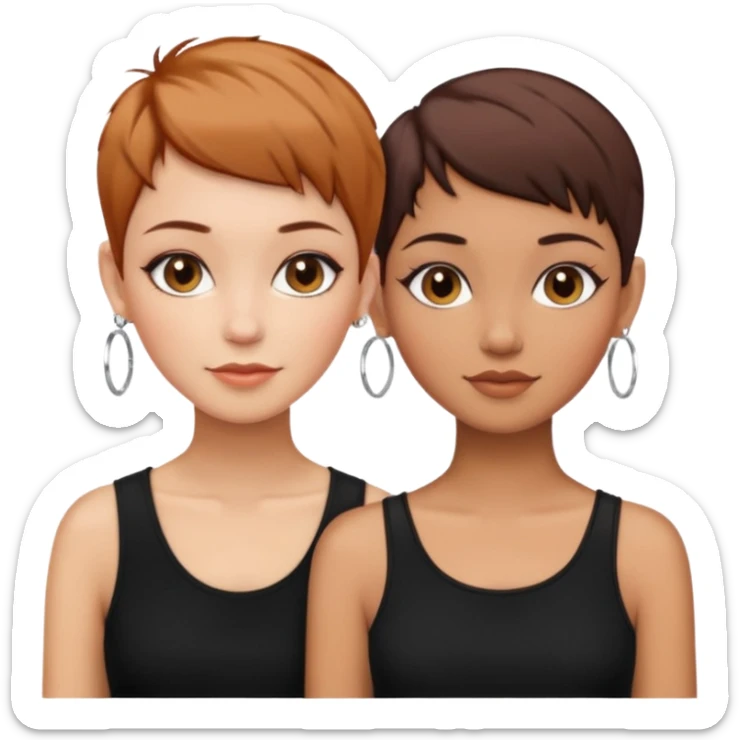 Puerto Rican fair skin straight brown pixie cut hair with hoop earrings make up and my best friend caramel colored pixie cut with jewelry and makeup on her face besties side-by-side wearing black  sticker