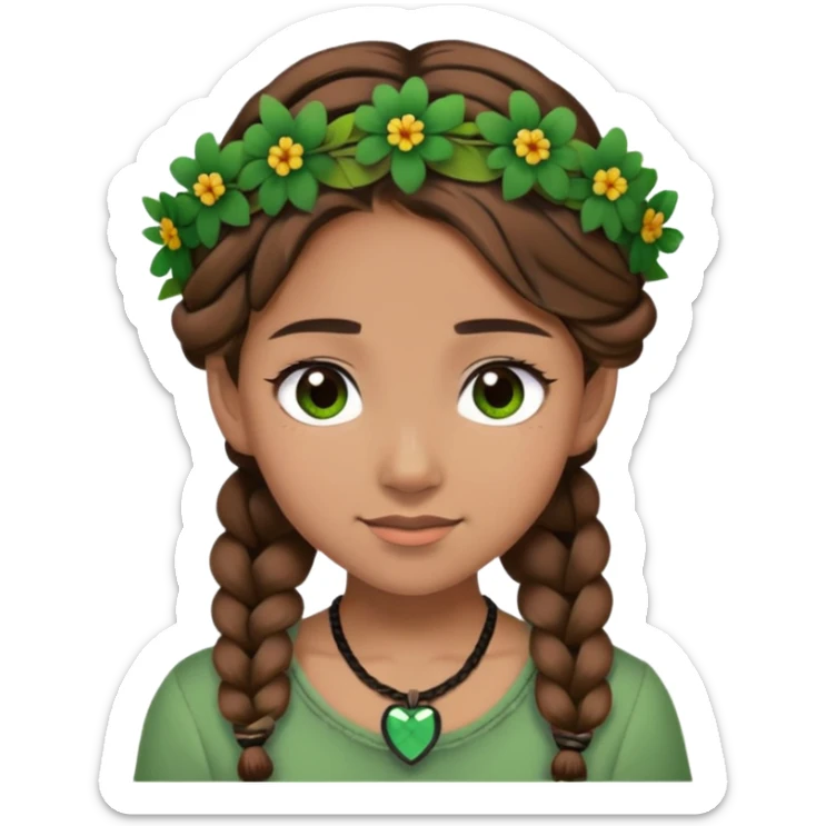 girl, braid, brown hair, brown eyes, black flower crown, green shirt, black necklace, closeup, winking sticker