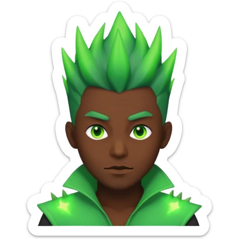 Make an emoji of a 🙎🏽‍♂️with green hair spiking up with a green aura around him sticker