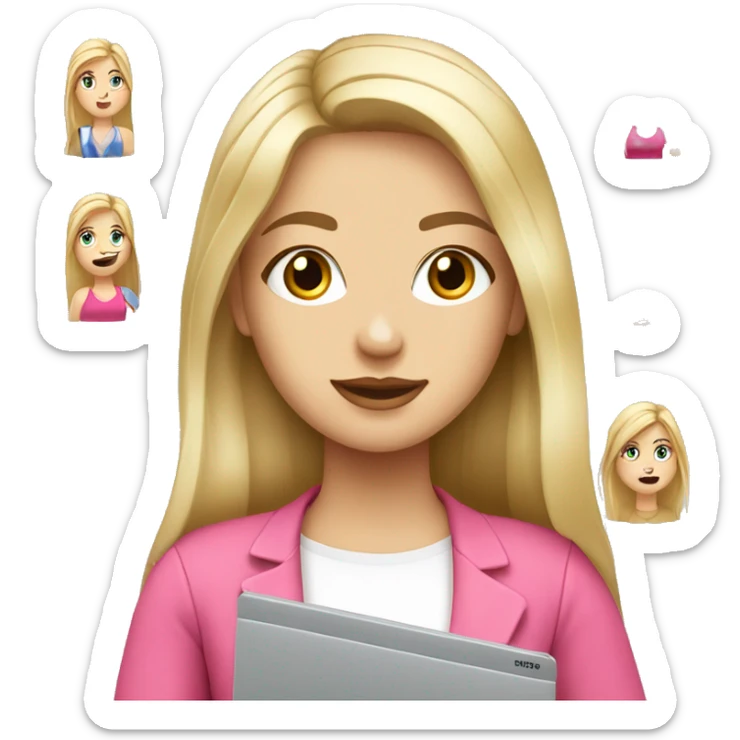 Graphic designer blonde girl with long hair and fair skin with grey eyes with Pink laptop  sticker