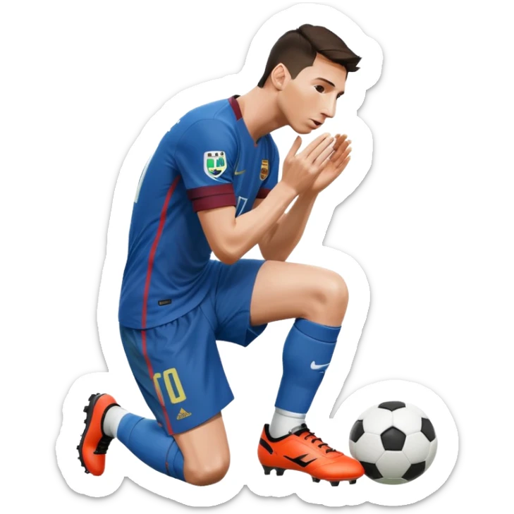 Lionel Messi kneeling and kissing a football boot labeled as Cristiano Ronaldo's sticker