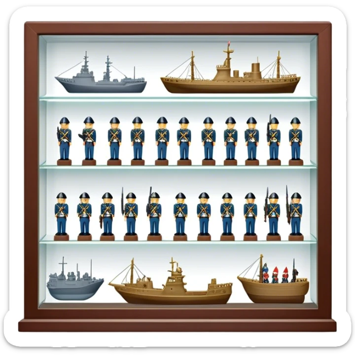 Icon for Miniature Collecting: a collection of finely detailed miniature items such as tiny colorful army of soldiers, ships and accessories, neatly displayed on a shelf or in a display case. The icon should convey the intricacy and charm of collecting miniature objects. Transparent background. sticker