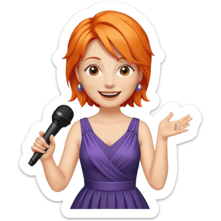singer, Middle age, orange hair, happy, holding mic, wearing dress sticker