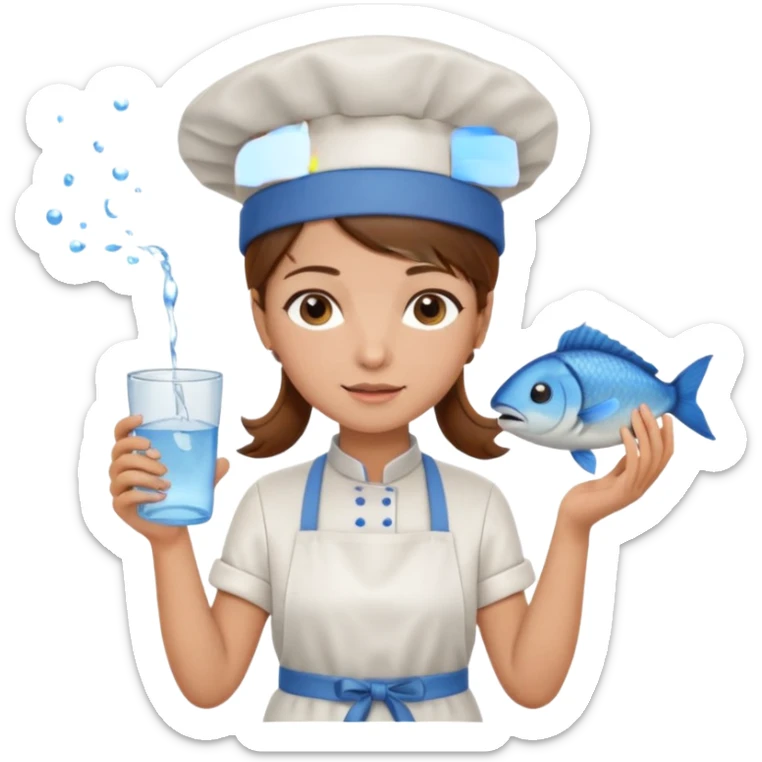 A girl with brown hair with a chef hat wearing an apron and holding a fish and a cup of water in another hand sticker
