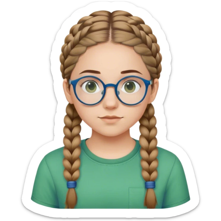 White teen girl with two brown French braids wearing a green shirt with blue round glasses sticker