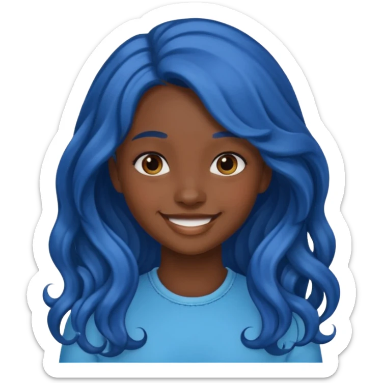 smiling girl with dark skin and long wavy blue hair emoji sticker