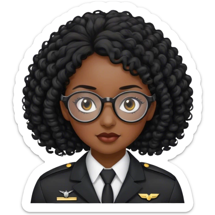 femme pilote d'avion en uniforme noir aux cheveux bouclés noir et petites lunettes arrondis identique avec des cheveux très long et la peau noir mais légèrement plus claire avec les cheveux attachés. 1 seule personne sticker