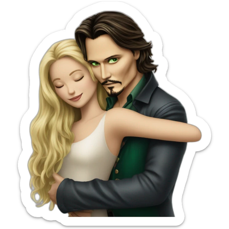 Johnny Depp dance hugging blond woman with green eyes amd very very very long hair sticker
