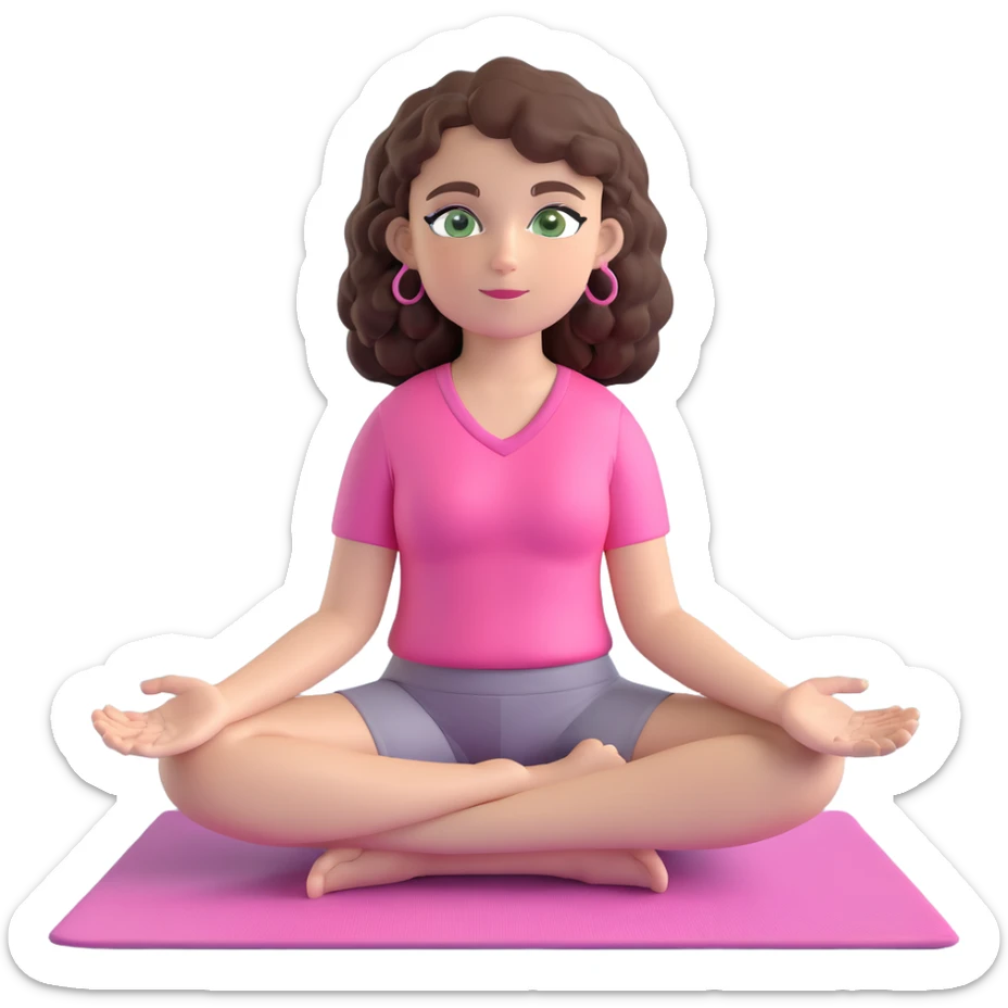 yoga girl with dark brown curly hair, green eyes, wearing pink clothes, sitting cross-legged on a yoga mat, emoji style sticker