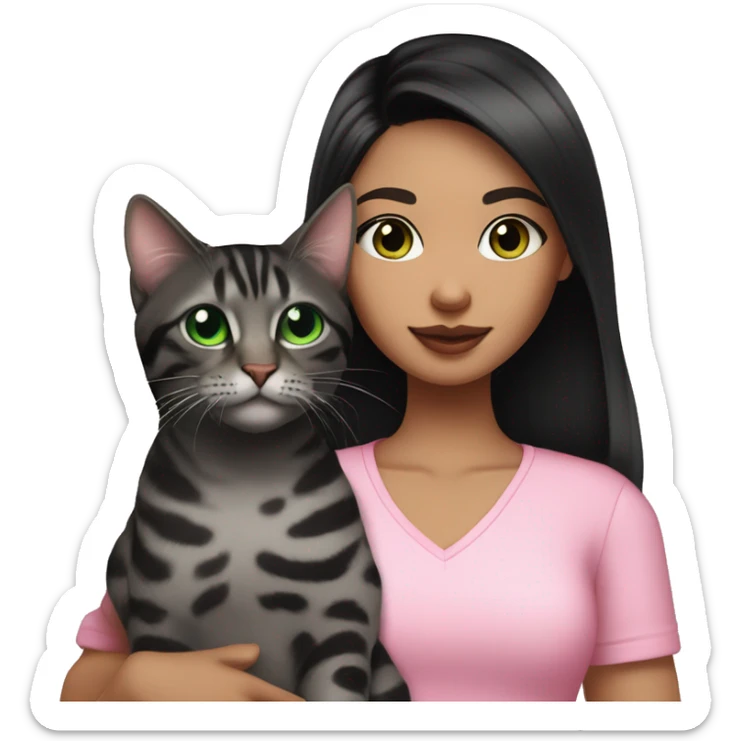 Girl with black eyes and black hair, shoulder length straight black hair, wears a Pink blouse outfit, kissing a gray bengal cat with Green eyes sticker