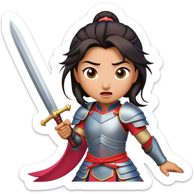 Cinematic Funny Mulan Portrait Emoji, Wearing her training armor too big, looking surprised as a sword nearly topples her over, a mix of warrior determination and hilarious inexperience, a comical yet endearing moment in her transformation! sticker
