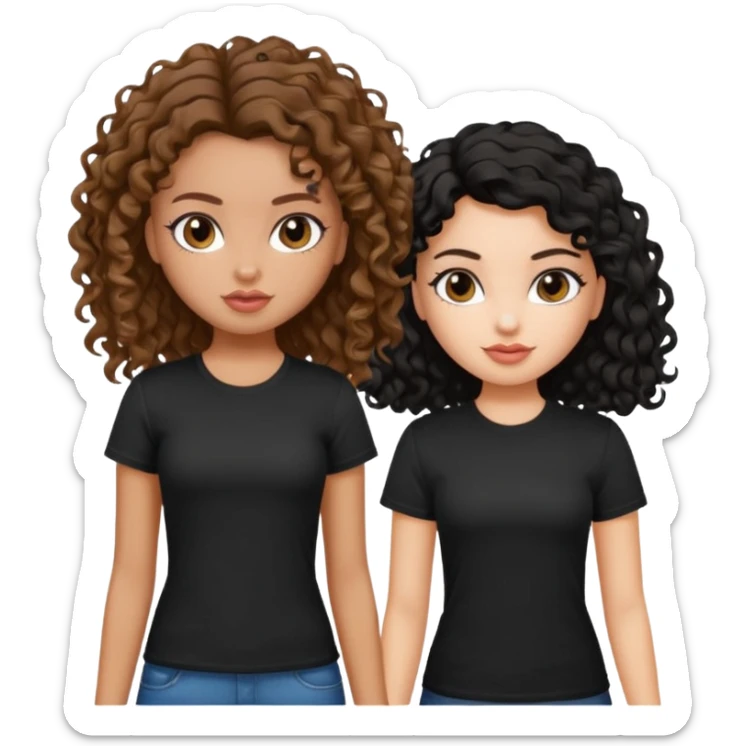 2 pretty bratz fair girls. One has straight brown hair and is tan, wearing a white tshirt. One is fair with curly black hair, wearing a black tshirt  sticker