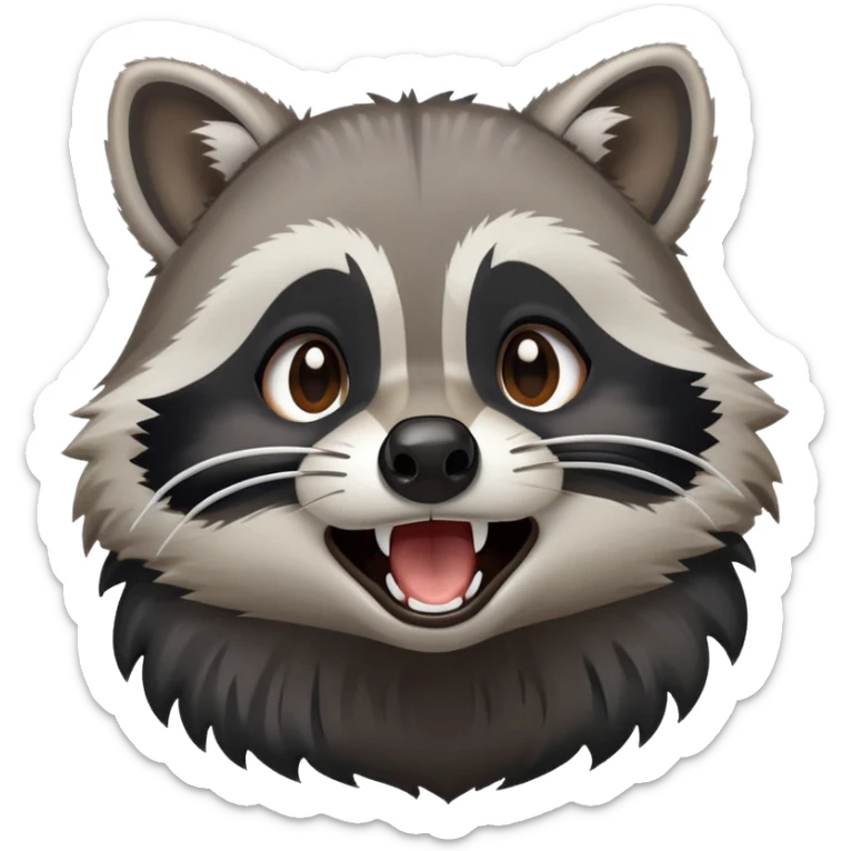 Cinematic-Cute-Yawning-Raccoon-Portrait-Emoji – Head tilted slightly with a dramatic, wide-open yawn, revealing a soft grey and black fur with a striped bushy tail, round brown eyes barely open in drowsy curiosity zoome out to show shoulders sticker