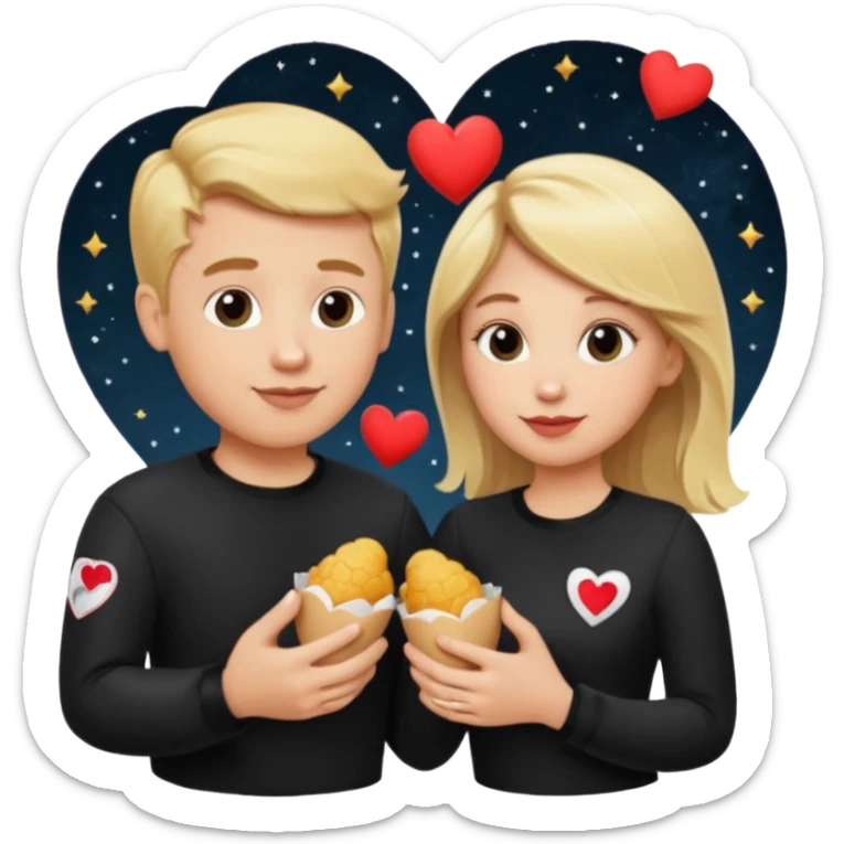 Couple with blonde hair wearing black eating chick filet hearts and outer space in the background  sticker