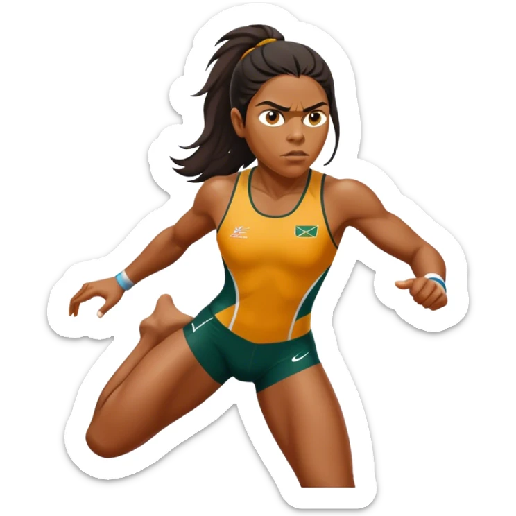 Cinematic Realistic portrait of Cathy Freeman, shown as an iconic Australian athlete with a focused, determined expression and modern athletic attire accented with subtle native motifs, rendered in dynamic, vibrant lighting sticker