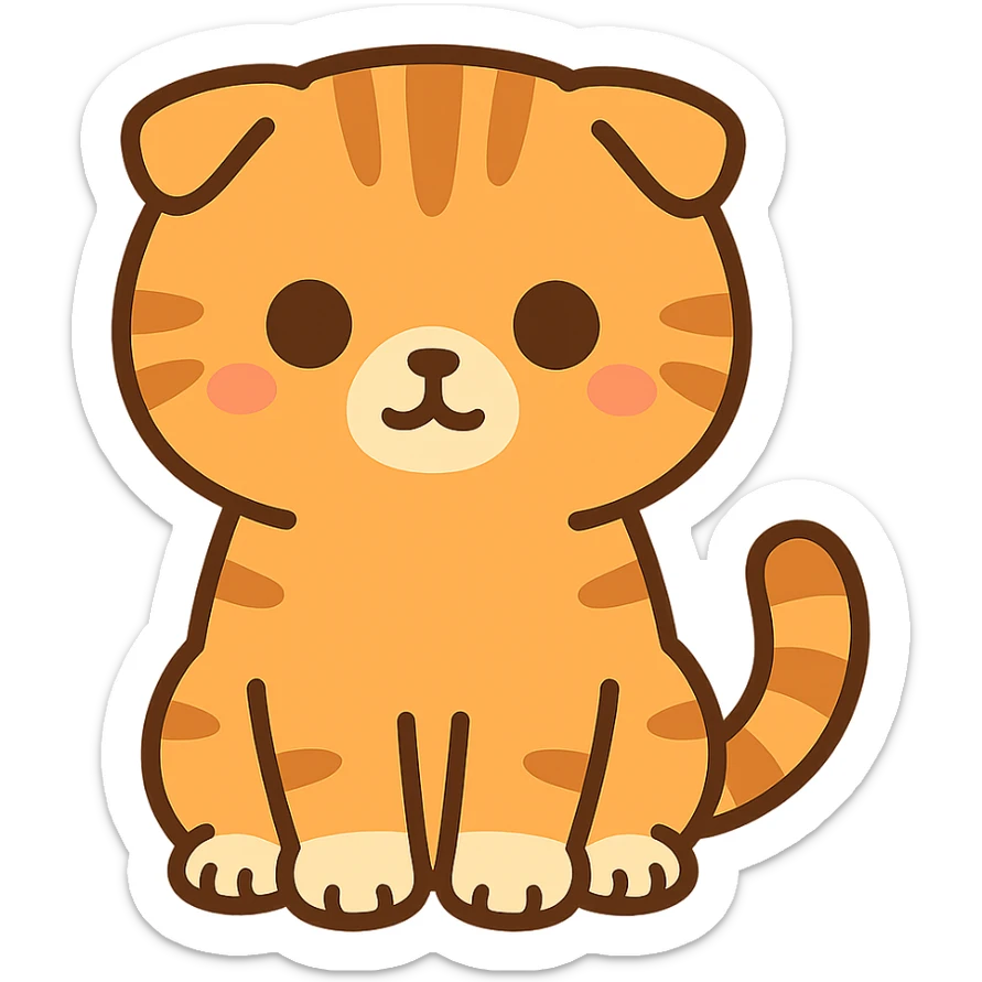 flat toon style kawaiiorange scottish fold kitten sitting, dark round eyes, cute sticker