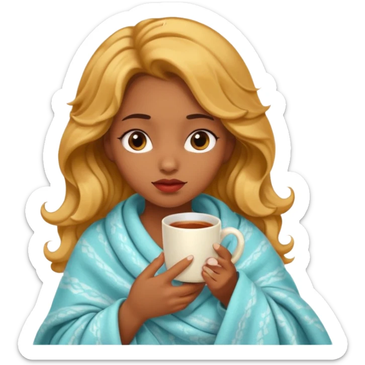 cute and sexy brown skin girl, golden wavy hair, sexy face expression, feeling sick, nose is red due to sickness, covered by blanket, holding tea mug in hands sticker