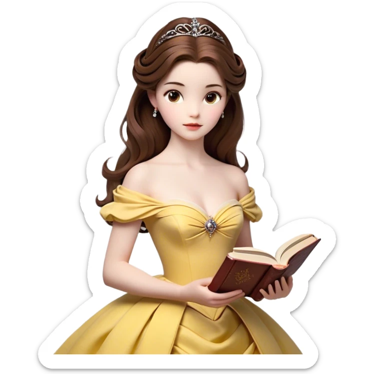 Cinematic Realistic Belle Portrait, depicted with lifelike skin texture, soft natural lighting, and intricately detailed brown hair styled elegantly. Her deep, expressive eyes exude warmth and intelligence, complemented by a serene and graceful expression. She gently holds a book in one hand, her other hand resting at her side, radiating an aura of beauty and intellect. She is dressed in her classic yellow ball gown, the fabric rich in texture with delicate folds that catch the light beautifully. The portrait features a soft, enchanting glow with a natural, radiant finish, capturing the essence of timeless beauty in a realistic and painterly style, evoking a sense of depth and authenticity. sticker
