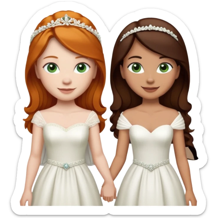 A ginger woman with blue eyes, marrying a taller woman with very dark brown hair and green eyes, both in wedding dresses. sticker
