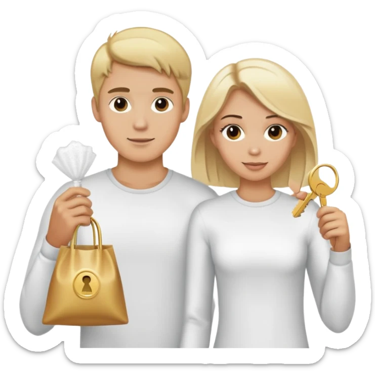Blonde guy holding a plastic bag of white powder and blonde girl holding a gold key sticker
