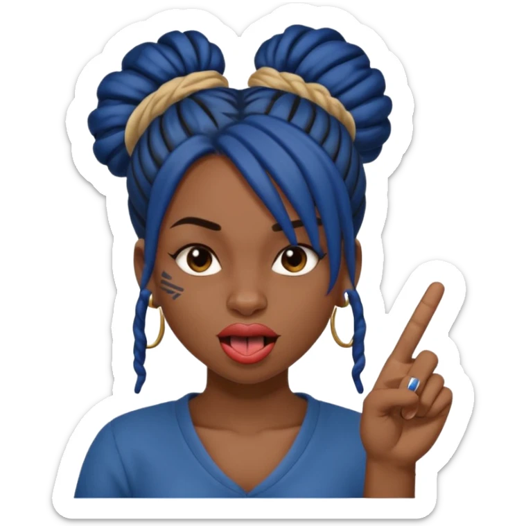 brown girl with dark blue dreads all in a bun with tongue out giving middle finger sticker