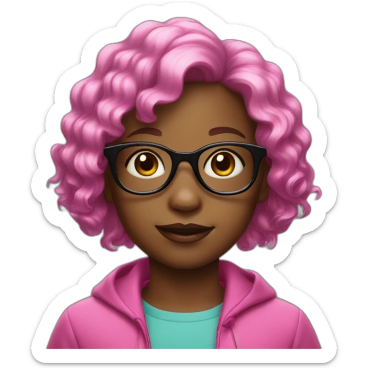 Little Girl with pink glasses black wavy short hair sticker