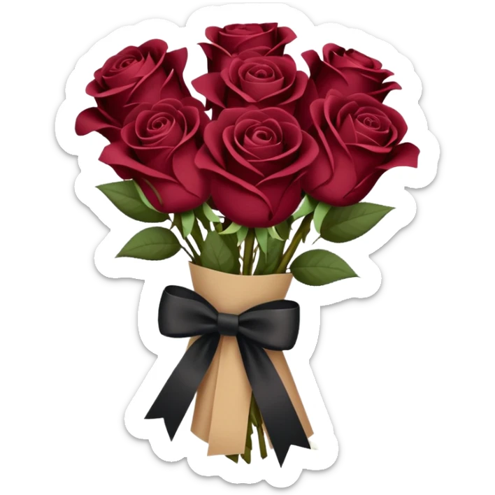 Burgundy bouquet of roses wrapped in beige paper with a black bow sticker