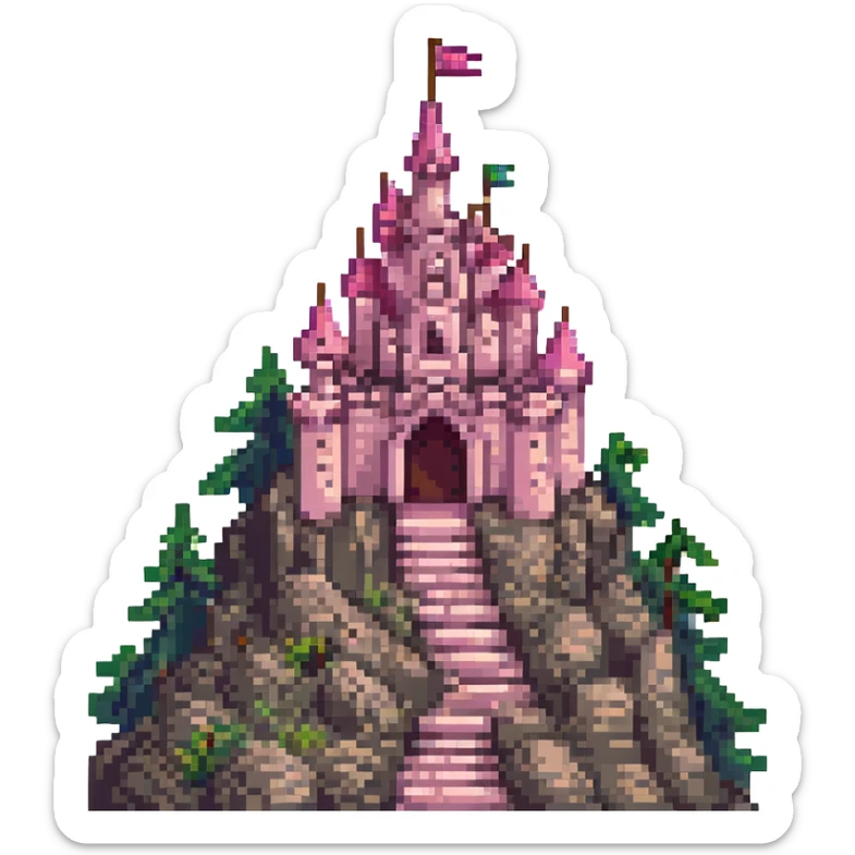 majestic and beautiful pink castle on top of a high mountain, pixel art emoji style, cute and detailed, bright colors, fantasy atmosphere sticker
