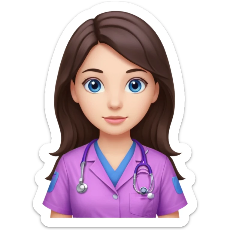pretty brunette nurse with long hair and blue eyes in pink and purple dinosaur pattern scrubs sticker