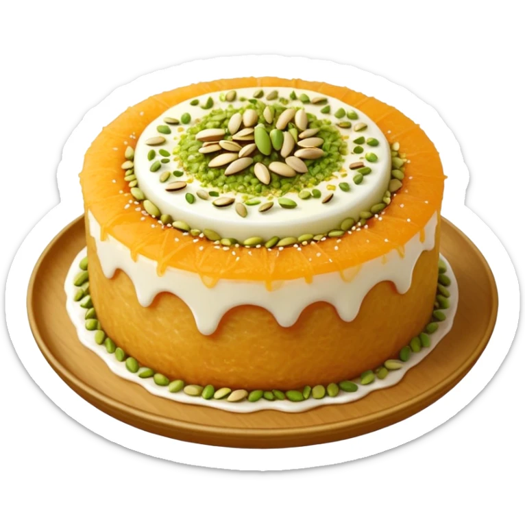 A small round emoji of traditional kanafeh with golden-orange crispy threads, a gooey white cheese center, and a light sprinkle of green pistachios. Warm and delicious-looking. sticker