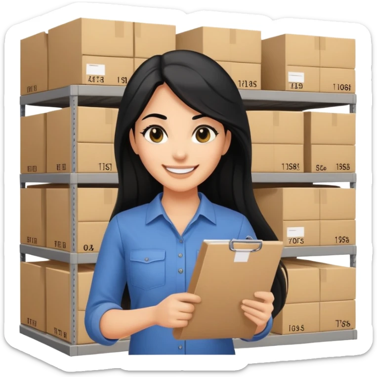 A smiling female middle-aged warehouse manager with black eyes and long black hair, holding an inventory list，without background sticker