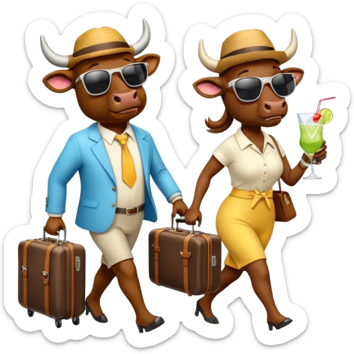 generate an emoji of a group of up to 8 male and female bulls travelling together on holidays. One bull has a suitcase, one has sunglasses, one is carrying a cocktail. They're all in motion, walking together. Make the characters look like bulls. They wear summer clothes sticker