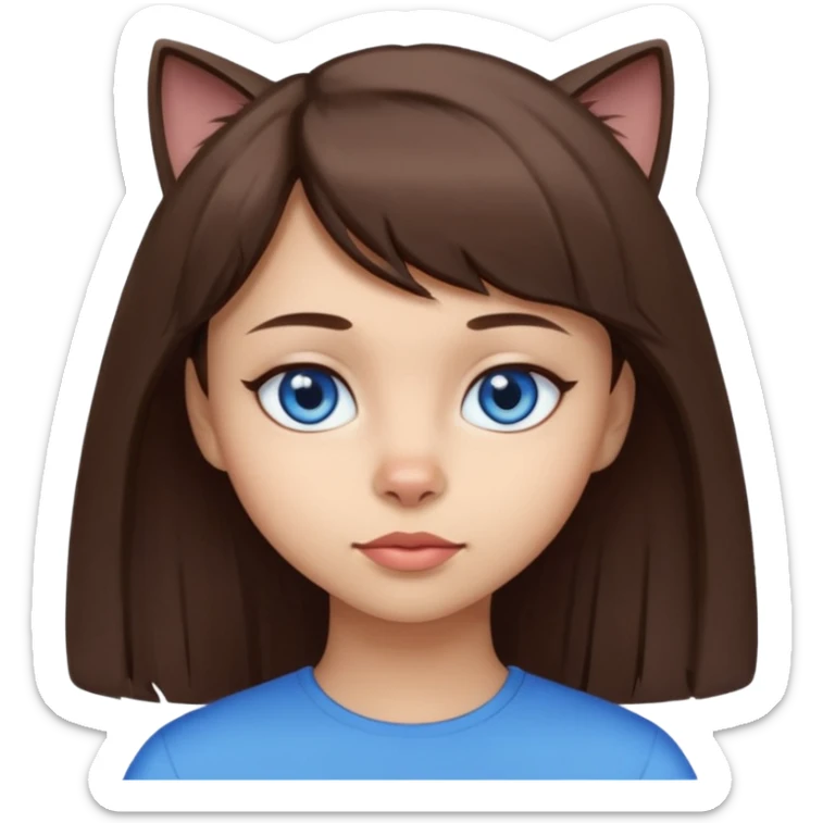girl with sidebang, light skin, mocha brown hair, blue cat eyes sticker