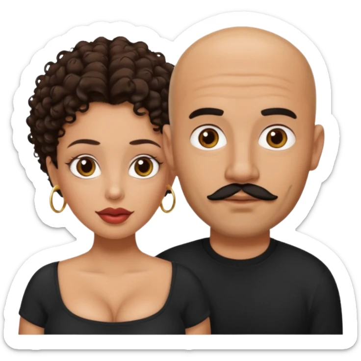 A picture of a tanned couple. the man is a Mexican man with tanned skin, black hair, a bald hair cut, short beard and wearing a black shirt. the woman is mixed, with curly medium length hair, with big boobs and lips  sticker