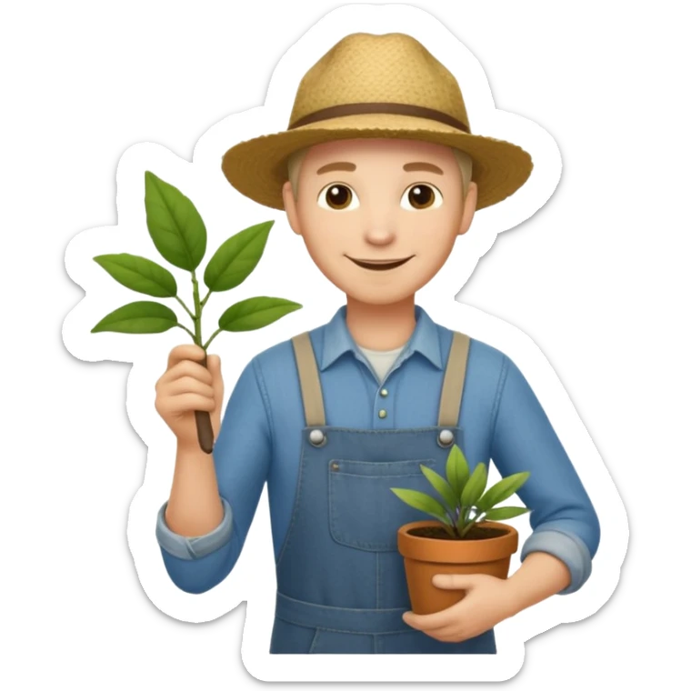 Adult male, light skin, friendly smile, casual farm-style clothes, relaxed posture, holding a plant or small tool, approachable, completely unique from other male roles sticker
