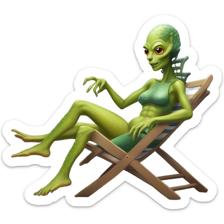 a Reptilian alien woman laying on the sea ​​deckchair sticker