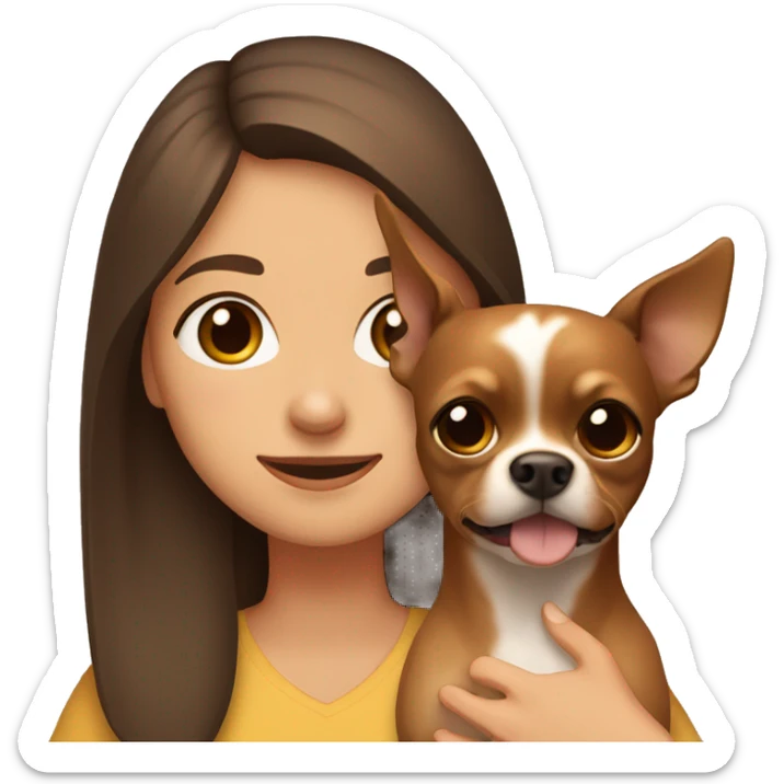 A brown-haired girl with brown eyes holds a brown Chihuahua dog in her arms sticker