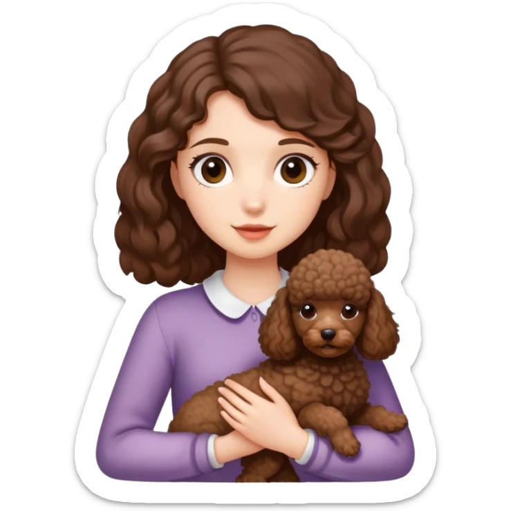 Chica blanca con pelo medio rebajado color marrón con un perrito caniche marrón en las manos  sticker