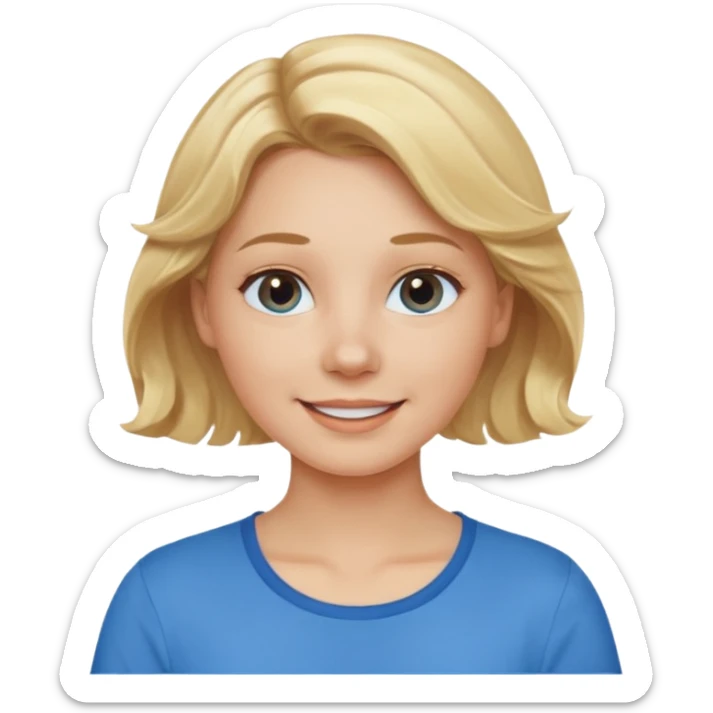 Happy blond girl with light weavy hair with a blue shirt but we can see only her face and neck and the top of the t shirt, no whole body sticker