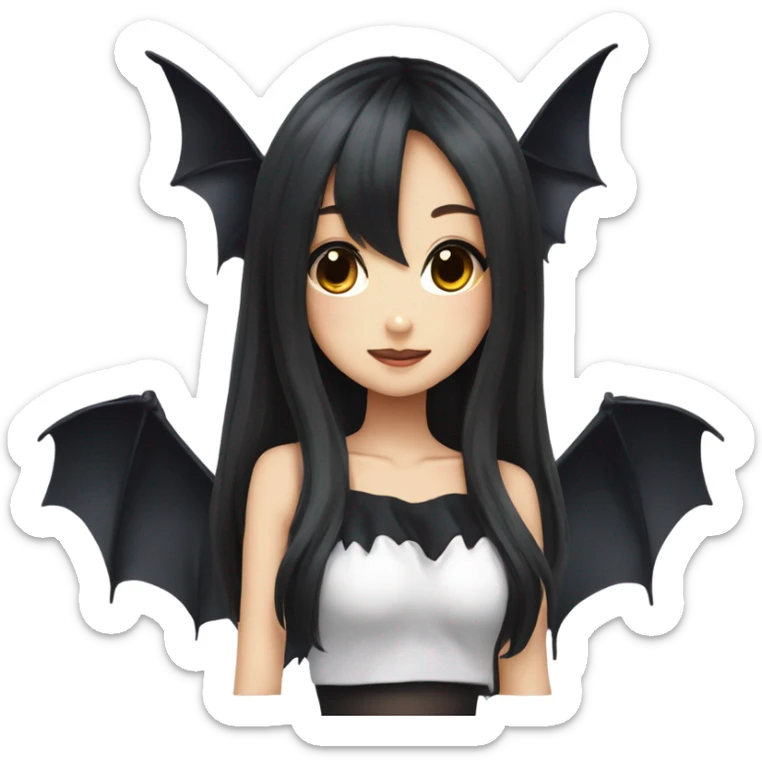hime gyaru girl, beautiful long black hair, black top, bat wings sticker