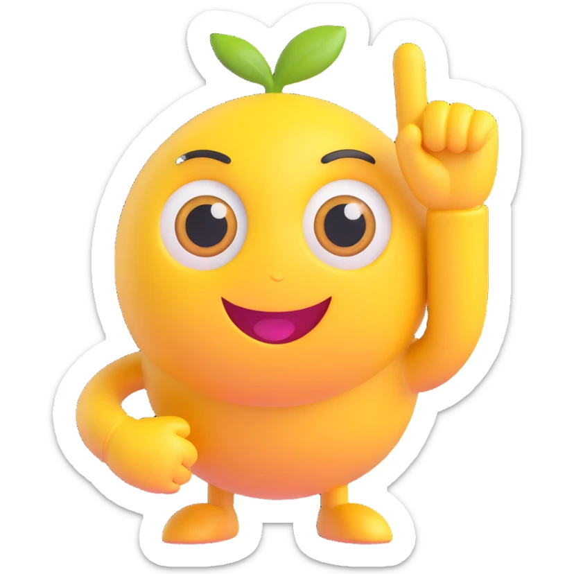 A yellow round emoji character with big eyes and a confident smile, clearly pointing both index fingers at itself. Strong “ME!” expression. Bold cartoon style, isolated on white sticker