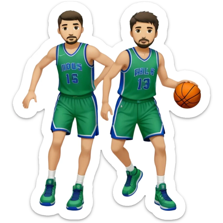 Full Body white male basketball player with short dark shaggy hair and goatee wearing green and blue uniform sticker
