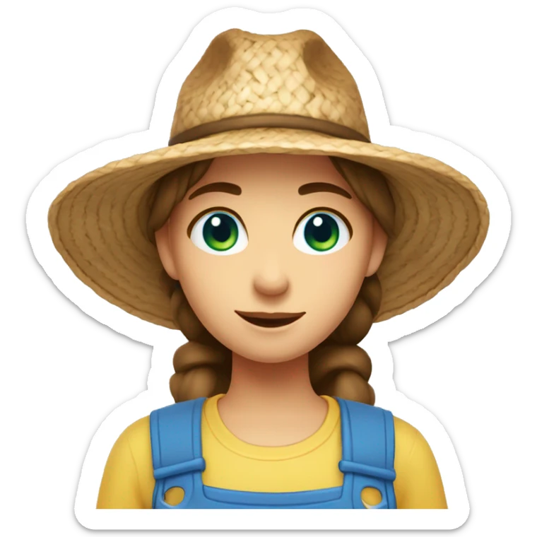 farmer girl with blue eyes, brown hair, with a straw hat, ponytail, holding greens sticker