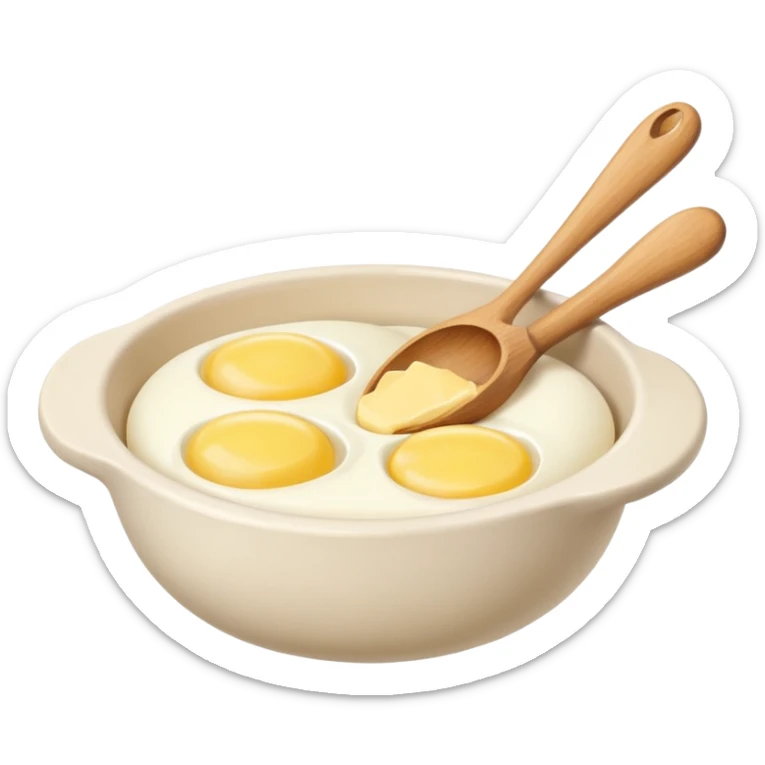 a dozen eggs, a ceramic mixing bowl with a wooden spoon and a plate of butter sticker