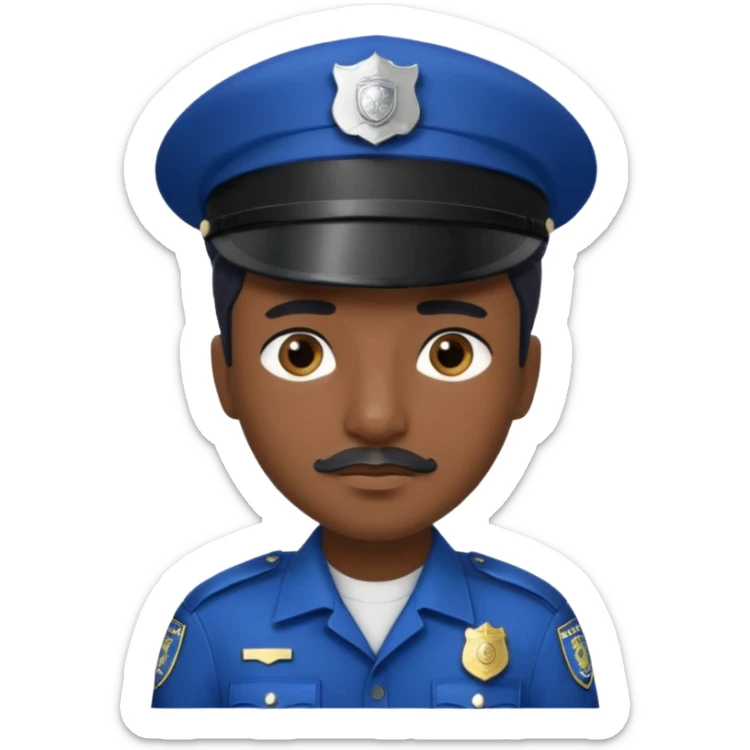 A police officer with dark skin tone, wearing a dark blue police cap with a silver badge in the center, short black hair mostly covered by the cap, large brown eyes, a small black mustache, and a neutral expression. sticker