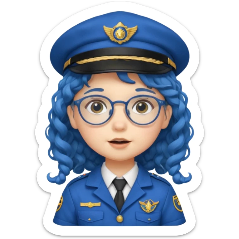 scout girl baby with uniform including the hat,  little with glassess and long curly blue hair sticker