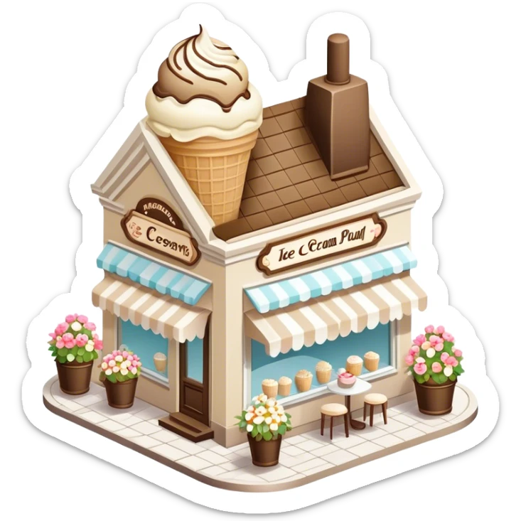 isometric exterior view of a beige and white ice cream parlour adorned with abundant florals sticker