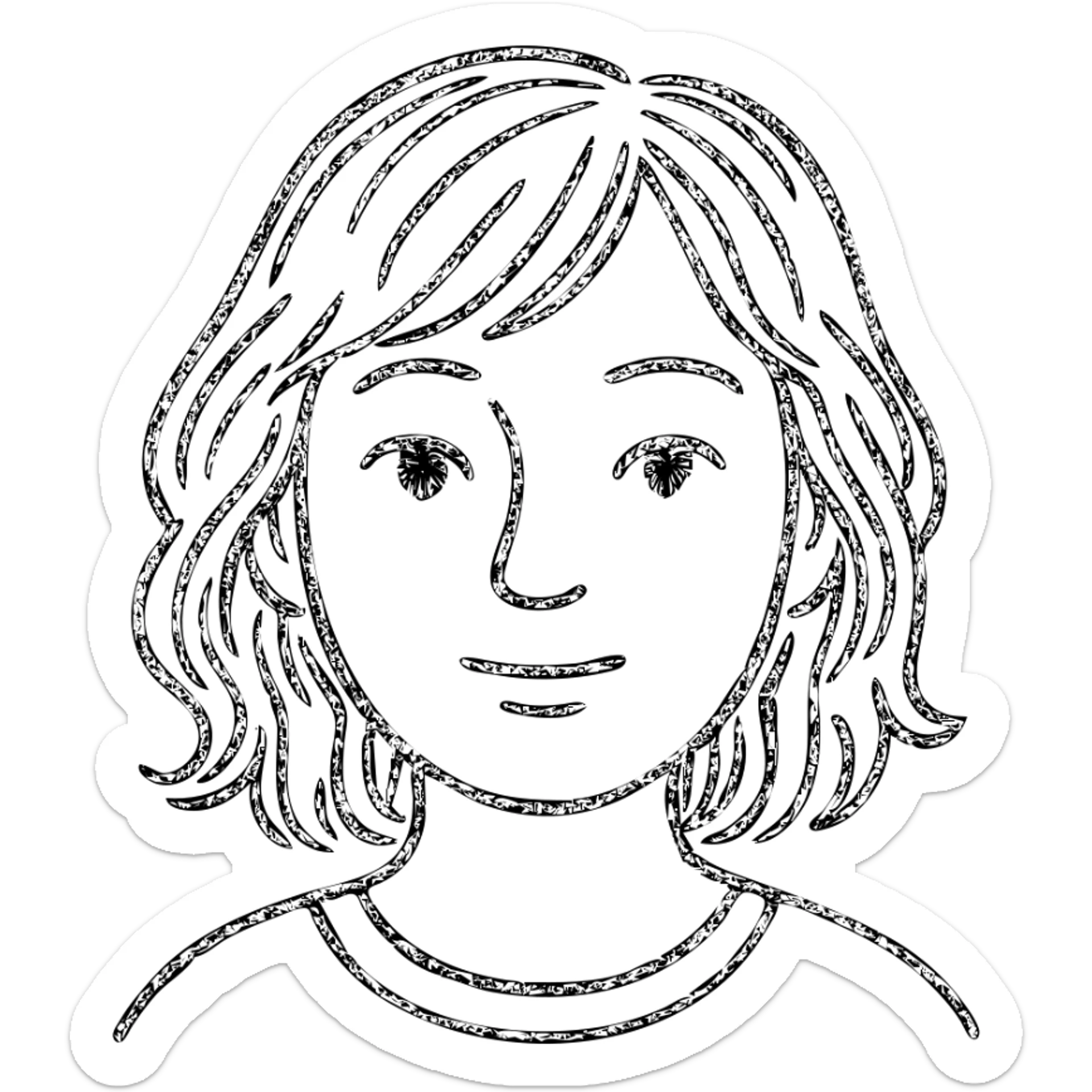 portrait of an Asian girl with medium brown wavy hair and brown eyes, paler skin tone, hand drawn outlined style sticker