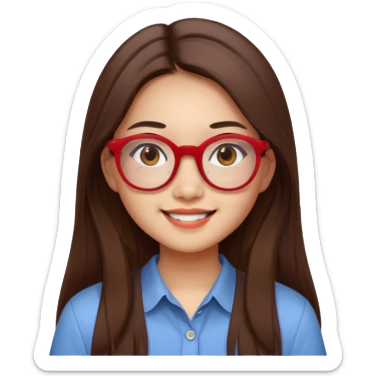 20 yr old asian woman, straight thick long brown hair, middle part, big red glasses, brown eyes, casual shirt sticker
