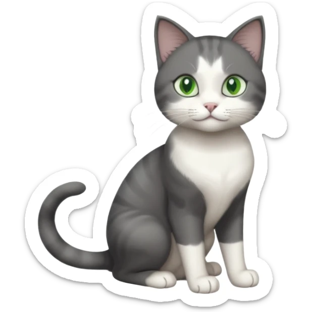 full body view of beautiful female solid dark grey cat with green eyes, white toes/paws and white patch on her chest sticker
